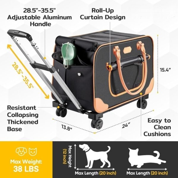 Large Cat Carrier with Wheels, Rolling Cat Carrier, 24"x 13.8"x 15.4" Pet Carrier with Wheels for Large Cats Small Dogs up to 38 LBS, Ideal for Travel, Walking and Camping(NOT for TSA)